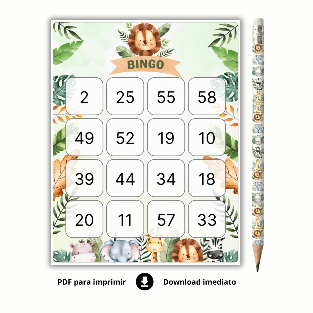 Bingo Chá de Bebê de Números Para Baixar - SAFÁRI - 120 cartelas