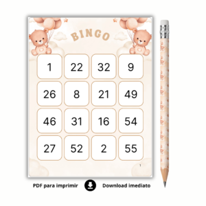 Bingo Chá de Bebê de Números Para Baixar - URSO MARROM - 120 cartelas