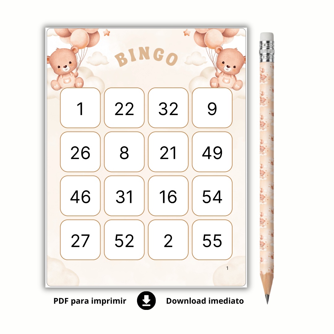 Bingo Chá de Bebê de Números Para Baixar - URSO MARROM - 120 cartelas