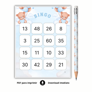 Bingo Chá de Bebê menino de Números Para Baixar - URSO AZUL - 120 cartelas