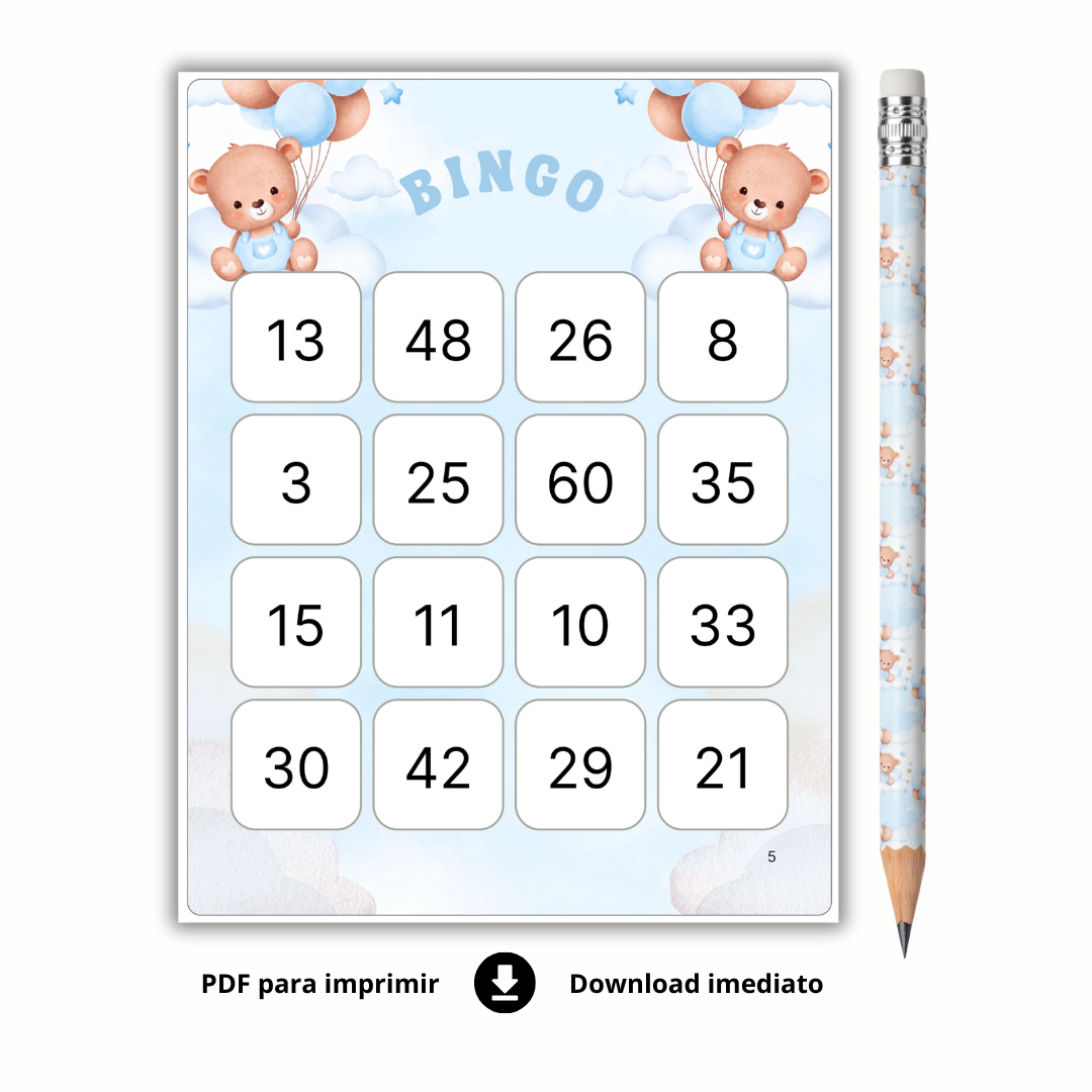 Bingo Chá de Bebê menino de Números Para Baixar - URSO AZUL - 120 cartelas
