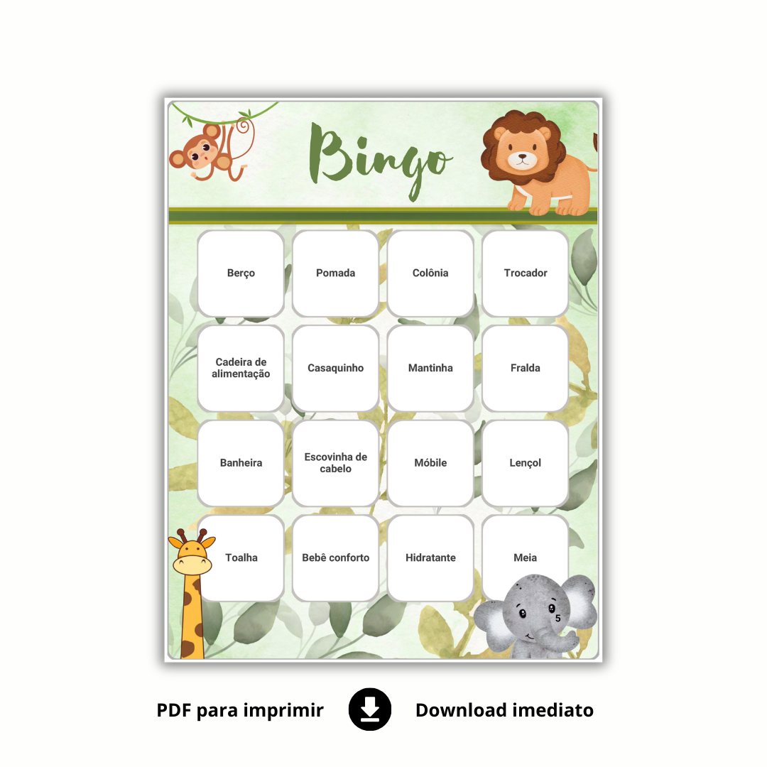 Bingo Chá De Bebê Para Baixar - SAFARI - 100 cartelas