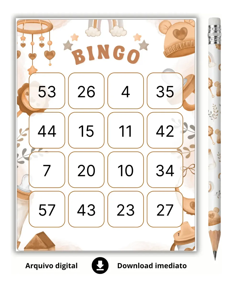 Bingo Chá de Bebê de Números Para Baixar - ITENS MARROM - 120 cartelas
